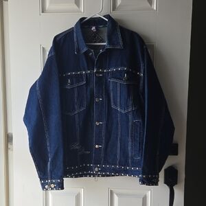 Raw Blue Denim Jacket With Tiger Embroidery
